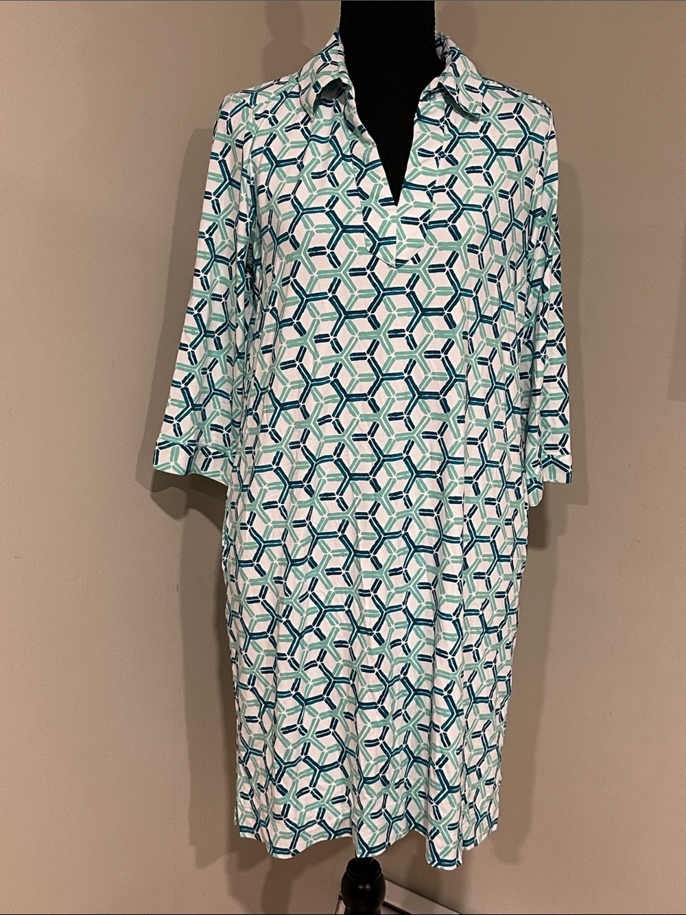 *FOXCROFT* Teal x White Easy Care Geometric 3/4 Sleeve Dress Size Medium
